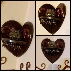 VINTAGE BEADED FRINGE BOHO BOHEMIAN WOODEN HEART ACCENT CORNER SHELF MOSAIC RETIRED PARTYLITE CANDLE HOLDER