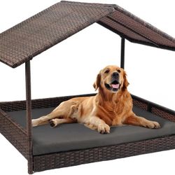 Heeyoo Wicker Dog House, Elevated Rattan Dog Bed with Canopy, Large Dog House Outdoor with Water Resistant Cushion, Outside Rattan Dog Ho
