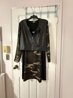 Camo (plus Size) Dress & Black Vinyl Jacket with Camo Sleeves