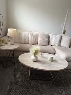 Beige Sectional Sofa with Throw Pillows + 3 end tables