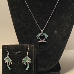 New Silver Green Fire Opal Palm Tree Necklace And Bracelet 