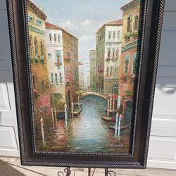 Large vintage framed Venice Italy Canals oil on canvas signed W. Leonado