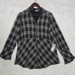 Habitat Womens Button Front Top Medium Plaid Long Sleeve Gauzy Lagenlook
