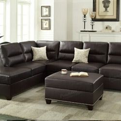 Brand New Espresso Leather Sectional Sofa With Storage Ottoman 