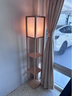 Wood lantern floor lamps with shelves (2x)