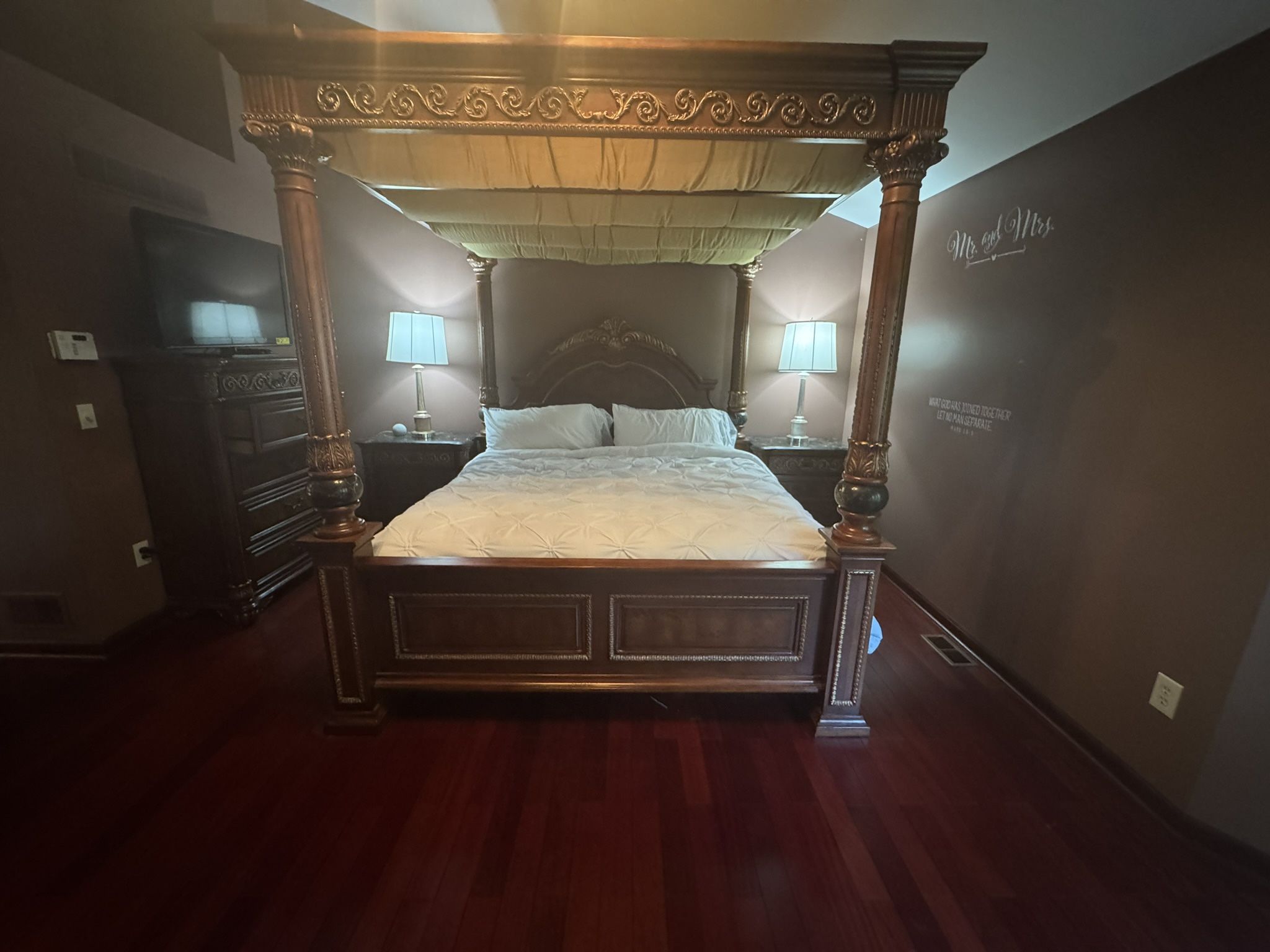 Luxury King Canopy Bedroom Set – Solid Wood, Marble Tops – $3,499