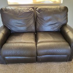FREE Brown Leather Reclining Loveseat – Nailhead Trim – Worn but Comfy