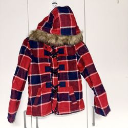 GIRLS Sz 10 Jacket Winter w Faux Fur Hood JUSTICE Peacoat Red/Navy Blue 