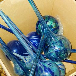 X7 LIKE NEW BLUE BLOWN GLASS PLANT FLOWER SHRUB TREE WATER GLOBE SYSTEM WATERING BULB