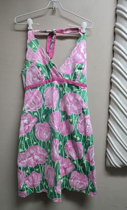 Lilly Pulitzer Halter Tulip Print Dress Womens 10 Green & Pink Cotton Blend