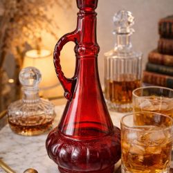 Vintage 1950s Ruby Red Genie-Style Glass Liquor Bottle Decanter, 11” NO STOPPER