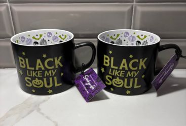 2 New large Halloween Goth skill bats pumpkin black like my soul coffee tea mug