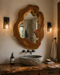  Handmade Wood Bathroom Mirror | Live Edge Teak Mirror l| Rustic Modern Vanity Mirror | 42" x 29"