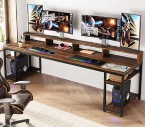 RY0118 Two Person Desk, 78.7" Computer Desk With Monitor Stand and 4 Open Shelf