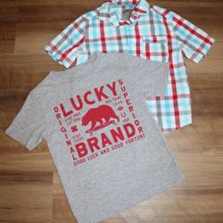 Little Boy SIZE 4 Lucky Brand Graphic Tee and Plaid Button Down Layering Shirt