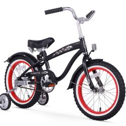 Firmstrong Mini Bruiser 16" Beach Cruiser Bicycle w/ Training Wheels, Black w/ Red Rims