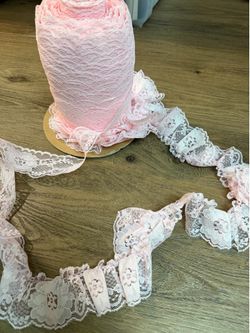Soft Pink lace 2.5” crafting lace with some shearing started take all Roll of floral lace trim #lace #floral about 150 yards