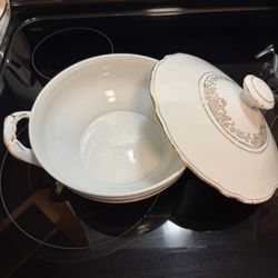 White Gold Trim Soup Tureen with Lid