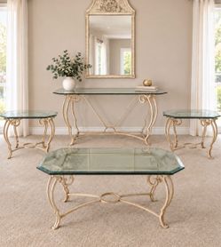 Glass top coffee table, console table and 2 end tables