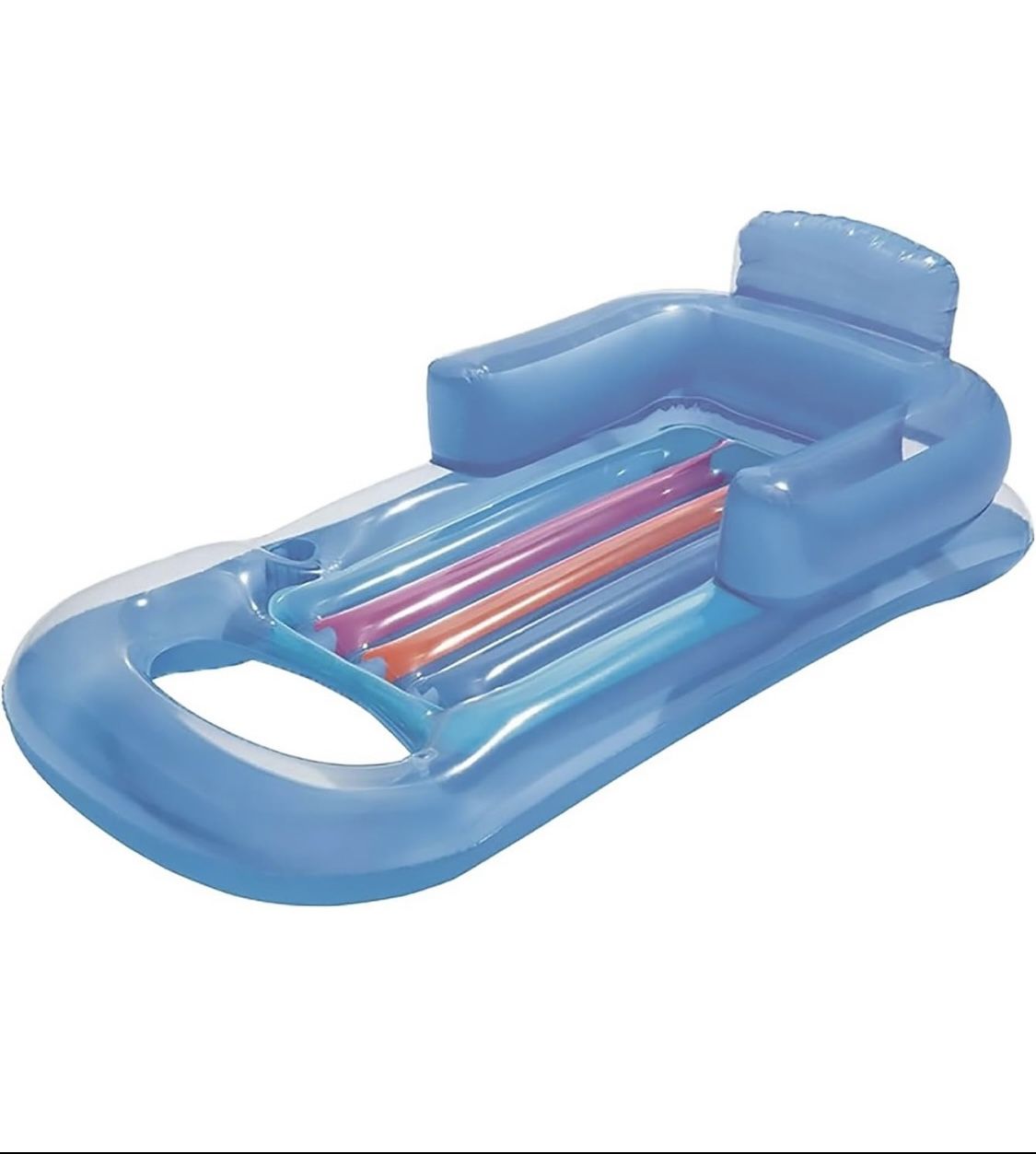 Salón inflable con reposacabezas y portavasos para flotador de piscina. Hay dos colores interesantes para flotadores de piscina para adultos, azul y p