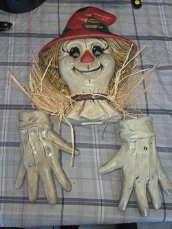 vintage ceramic bisque scarecrow head and hand set frequently used for fall or Halloween