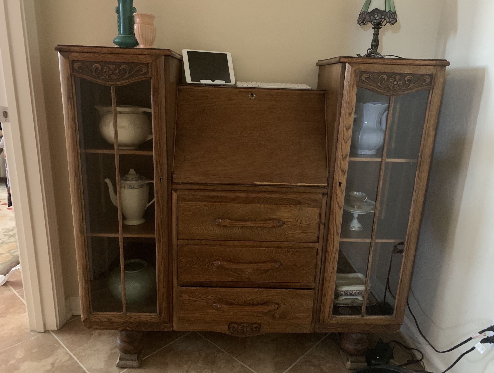 Antique Oak Writing Desk With Side Book Cases
