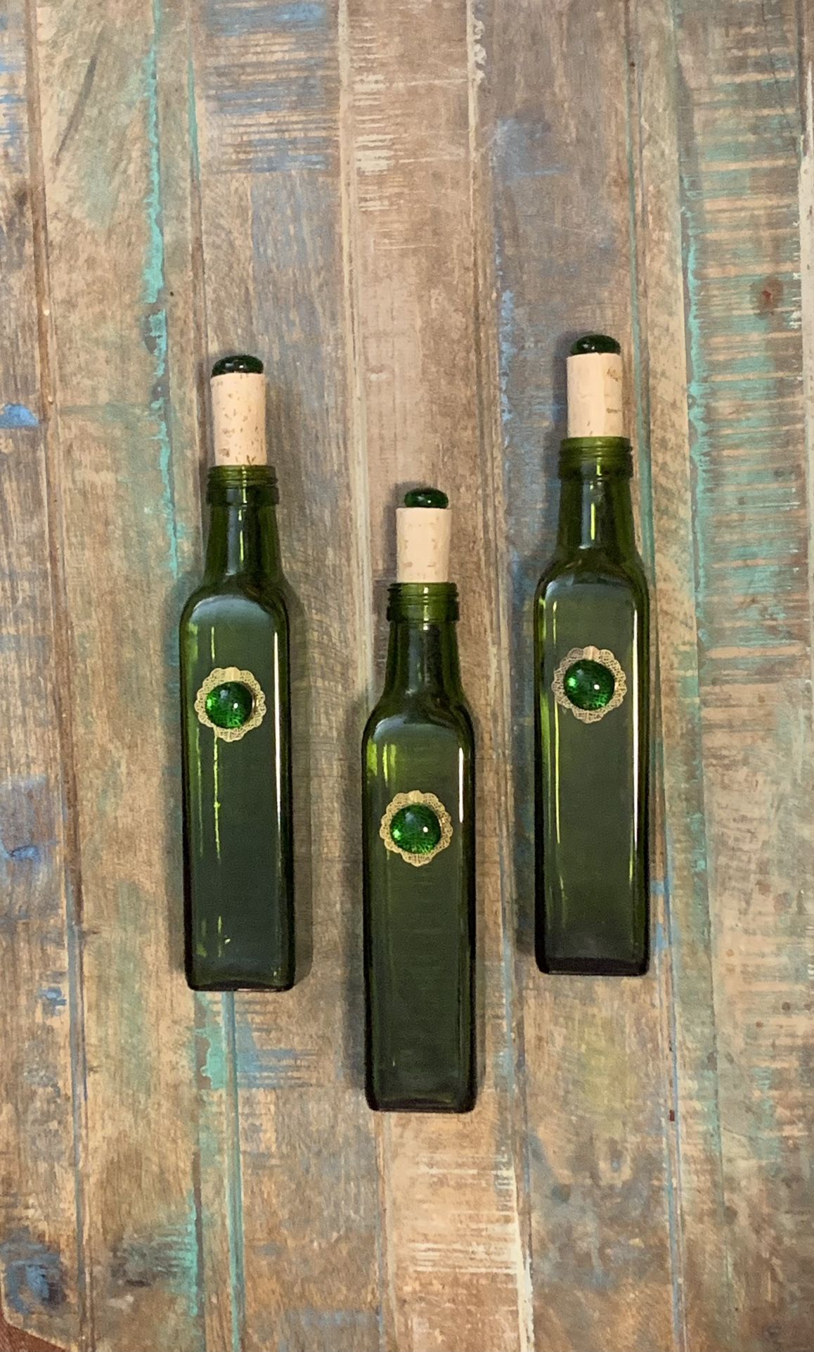 Beautiful Gift Set of 3 Decorative Antique Style Green Glass Corked Bottles