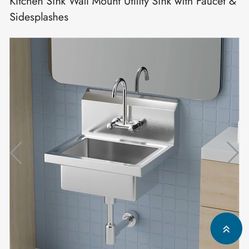 Commercial Stainless Steel Restaurant Kitchen Sink Wall Mount Utility Sink with Faucet & Sidesplashes 
