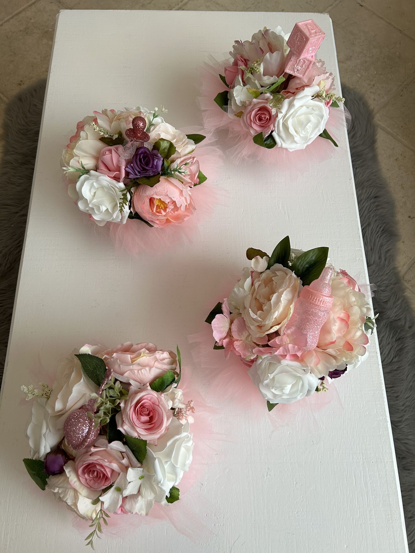 Pink Flowers With Tulle Baby Shower Centerpieces