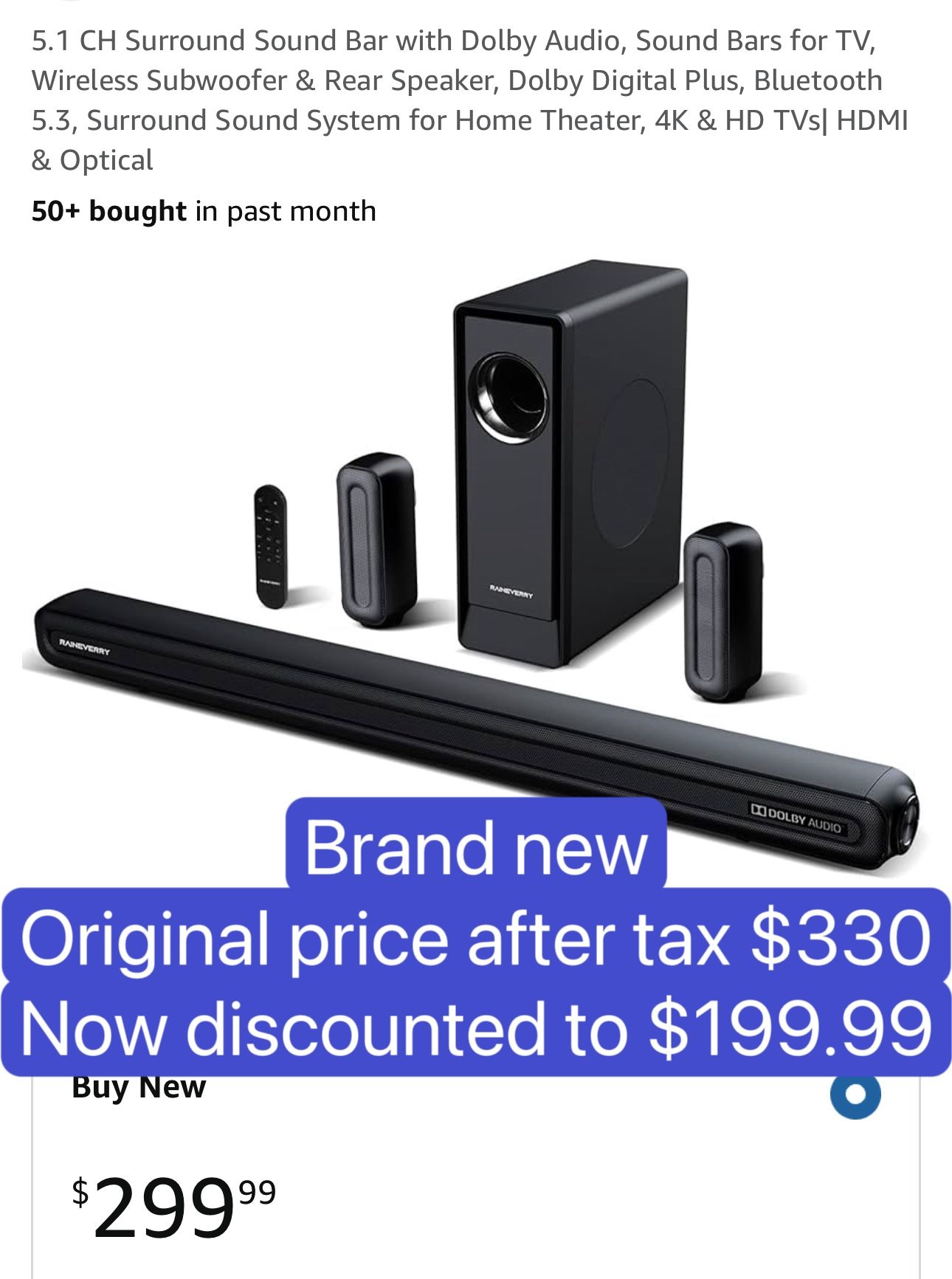 5.1 CH Surround Sound Bar with Dolby Audio, Sound Bars for TV, Wireless Subwoofer & Rear Speaker, Dolby Digital Plus, Bluetooth 5.3, Surround Sound Sy