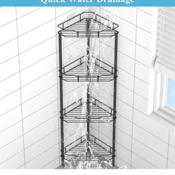 4 Tier Floor Standing Corner Shower Caddy Organizer Shelf with Hooks, Bathroom Shelves Stand Rack, Black
