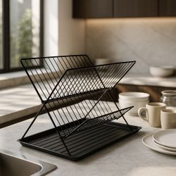 Stainless steel 2-Tier X-Shape Foldable Dish Black Drying Rack, Space-Saving Countertop Drainer