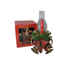 Vintage Christmas Hurricane Candle Holder Lamp Glass with Metal Trumpets 13" H