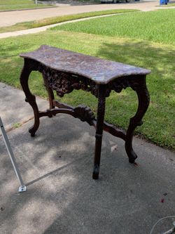 Marble Top Console Table with Carved Wood Base