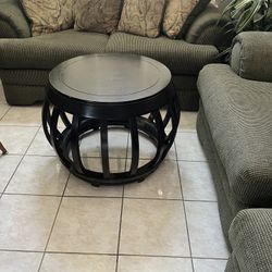 Modern Round Espresso Wood Drum Accent Table – Open Slat Base