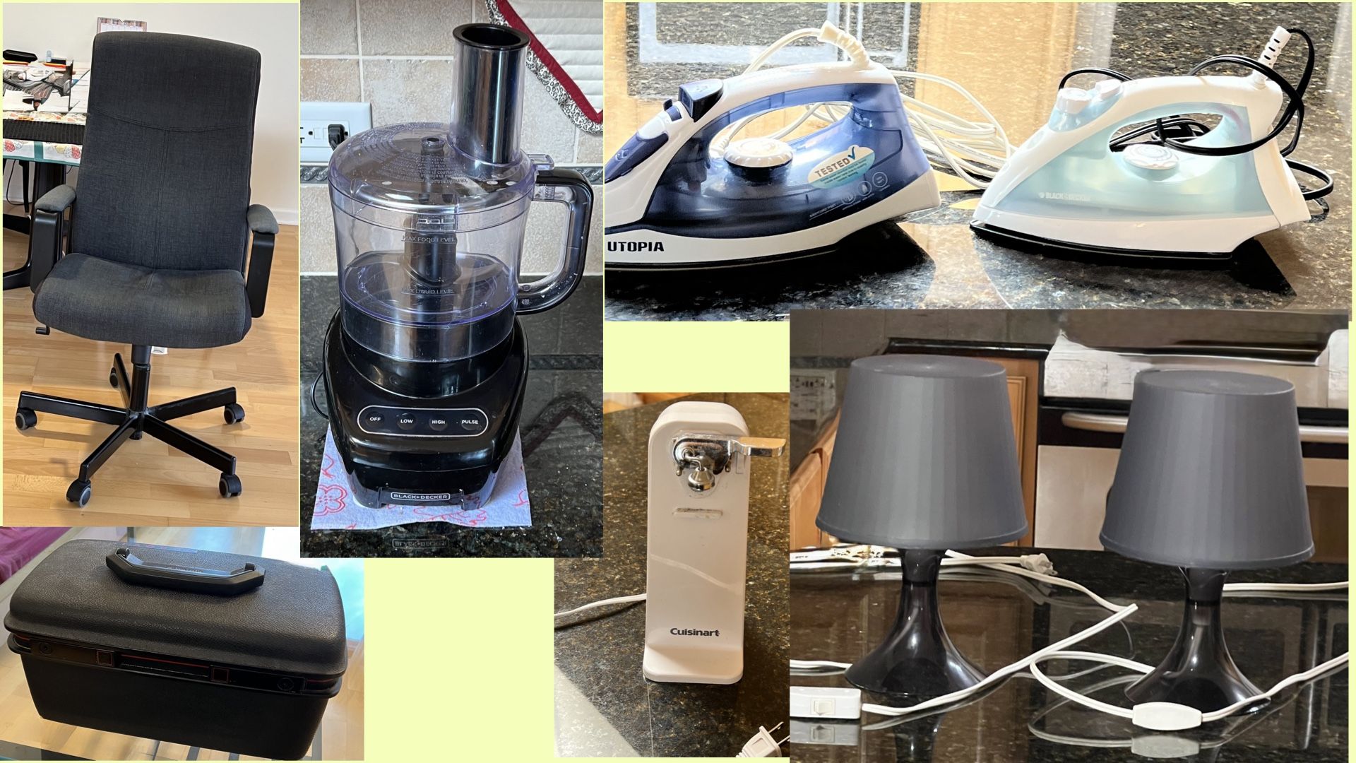 Office Chair + Household Items – Food Processor, Irons, Can Opener, Lamps
