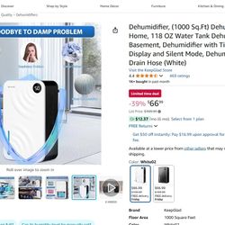 Amzart Dehumidifier(1000 Sq.Ft) Dehumidifier for Home, 118 OZ Water Tank Dehumidifiers for Basement, Dehumidifier with Timer, Humidity Display 