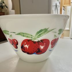 Vintage Anchor Hocking Fire King Apples and Cherries, 4 Quart Mixing Bowl, 9.50”  X 6” Oven Proof, Made in the USA,,  Excellent Condition