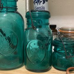 Three Vtg Ball Teal Glass Hinged Jars