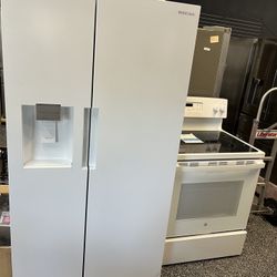 White Two Piece Bundle Side By Side Refrigerator + Electric Stove