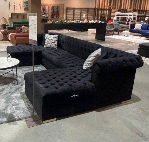 ● Larry Velvet Black Double Chaise Sectional Sofa Couch Living Room Set 