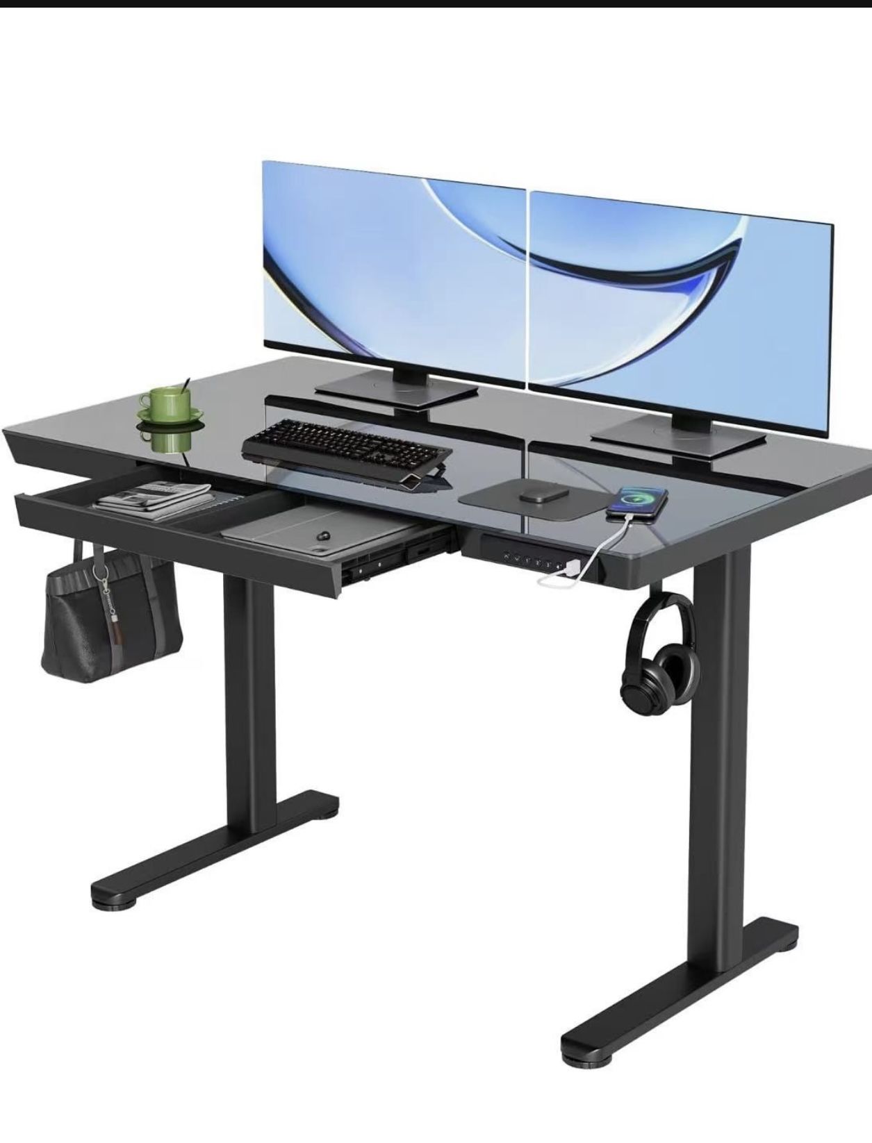 YDN Glass Standing Desk with Drawers, 48 x 24 Inch Electric Stand Up Desk with USB Ports, Adjustable Height for Home Office, Black $120 