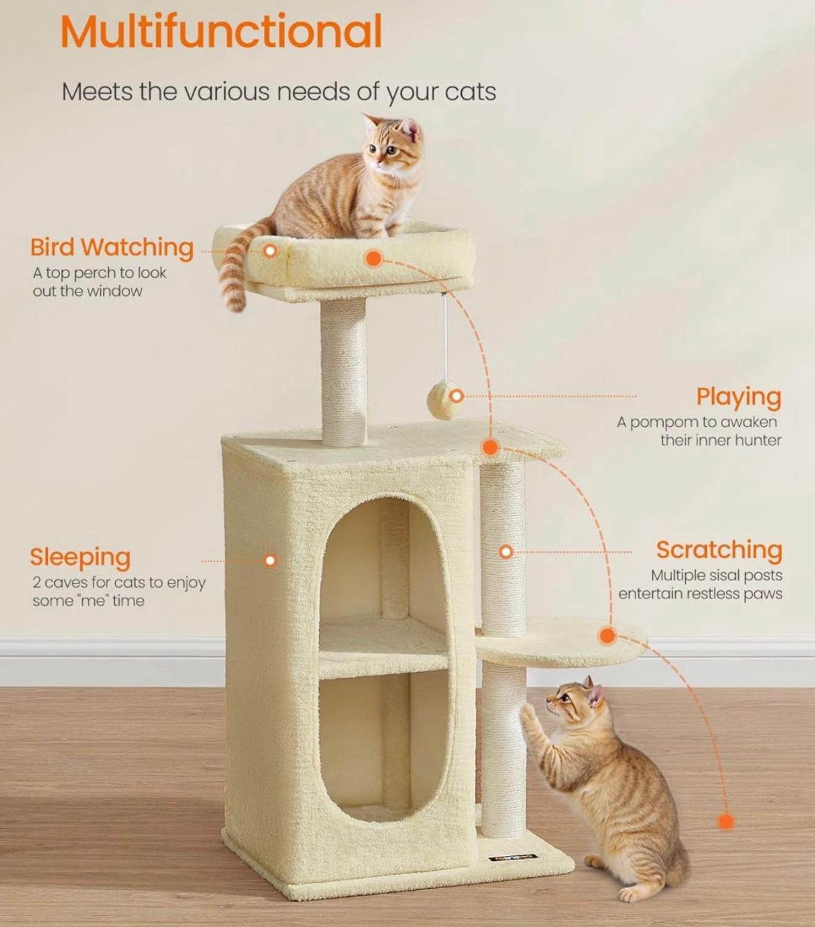 Feandrea Cat Tree Tower with 2 Caves for Multi-Cat Households, Kittens, Scratching Posts, Sand Beige UPCT005Y01