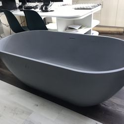 59” Matte Grey Freestanding Bathtub- Solid Surface, Center Drain & Overflow 