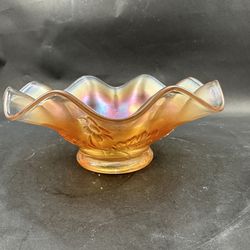 Antique Fenton Iridescent Marigold Carnival Glass Ruffled W/ Flowers  Bowl  