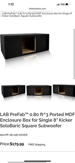 0.80 ft^3 Ported MDF Enclosure Box for Single 8" Kicker SoloBaric Square Subwoofer