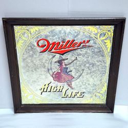 Vintage 1979 "Miller High Life Girl on Moon" Bar Beer Advertisement Mirror Framed