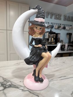 Whimsical Witch on Crescent Moon with Black Cat