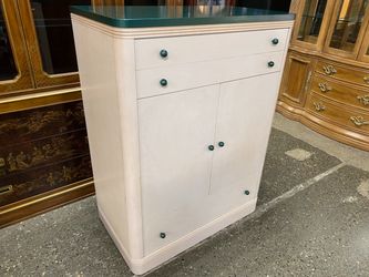 Cream 2-Drawer Cupboard w/ Aquamarine Accents