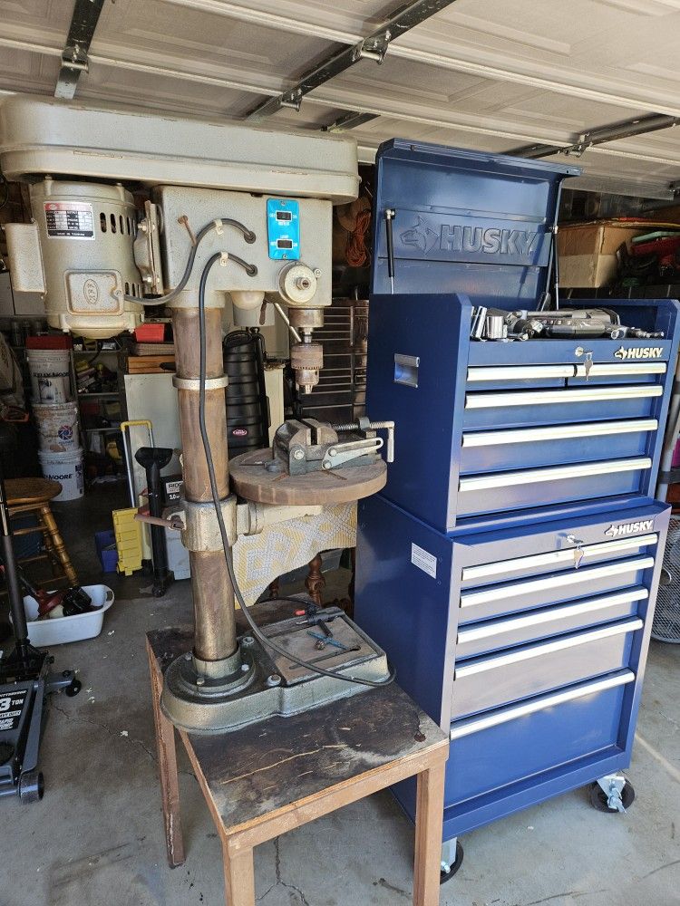 Kobalt Heavy Duty Rolling Toolbox Full With Tools Including Keys And Heavy Duty Drill Press 12 Speed With Vise And Steel Table ,all For One Price.